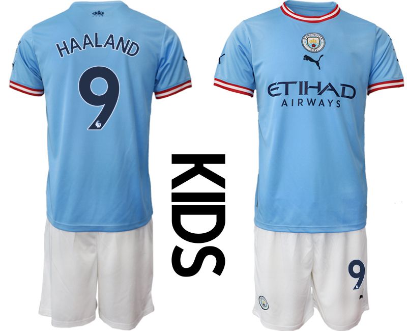 Youth 2022-2023 Club Manchester City home blue #9 Soccer Jersey->youth soccer jersey->Youth Jersey